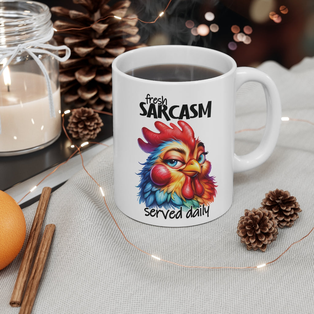 Funny Chicken Mug – “Fresh Sarcasm Served Daily” Coffee Cup | Colourful Rooster Design Gift for Coffee Lovers