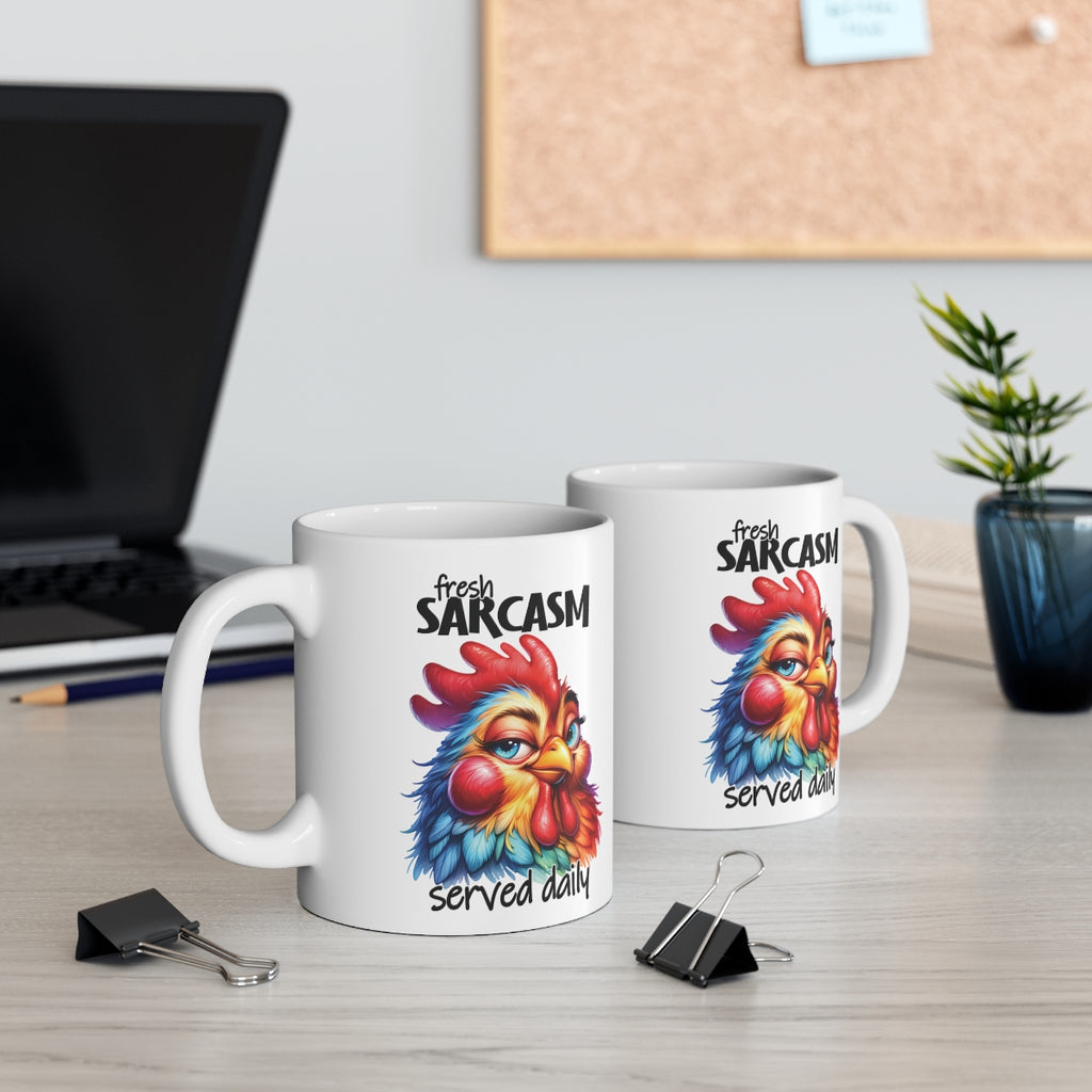 Funny Chicken Mug – “Fresh Sarcasm Served Daily” Coffee Cup | Colourful Rooster Design Gift for Coffee Lovers