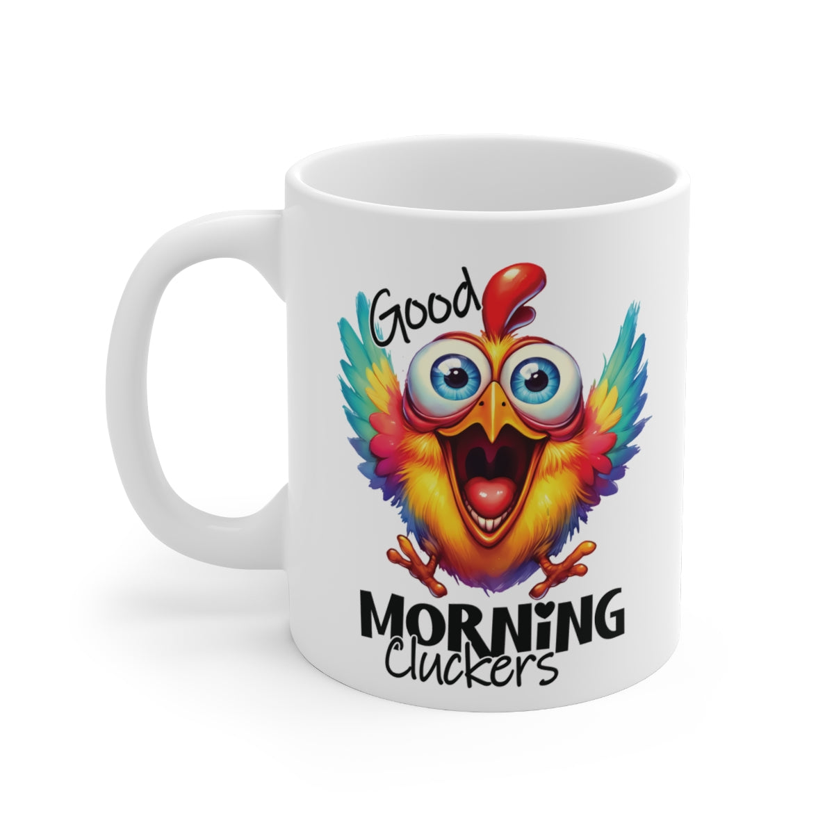 Good Morning Cluckers Funny Chicken Coffee Mug – Colourful Rooster Humour Gift for Farm Lovers & Early Risers