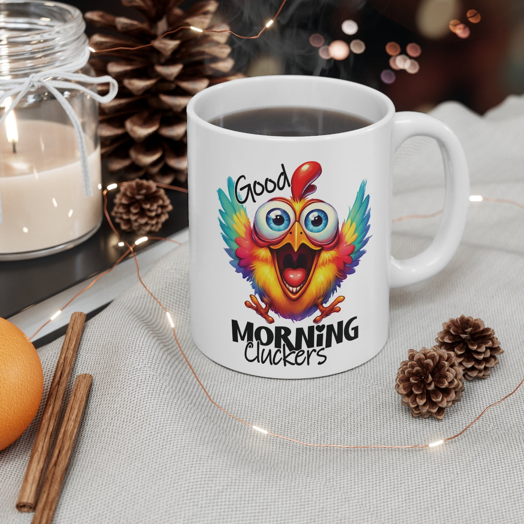Good Morning Cluckers Funny Chicken Coffee Mug – Colourful Rooster Humour Gift for Farm Lovers & Early Risers