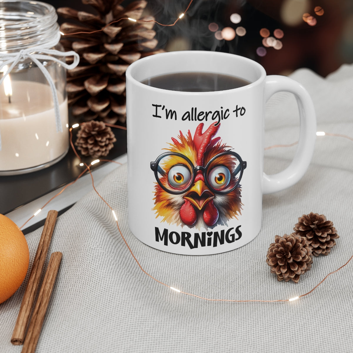 Funny Chicken Mug – “I’m Allergic to Mornings” Coffee Cup | Cute Animal Lover Gift for Morning Haters