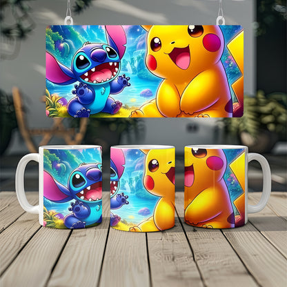Stitch & Pikachu Tropical Adventure Mug – Vibrant Fan Art Collectible