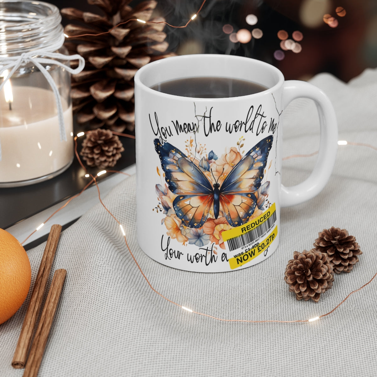 Mother’s Day Butterfly Mug – “You Mean the World to Me” Floral Ceramic Coffee Cup Gift for Mum