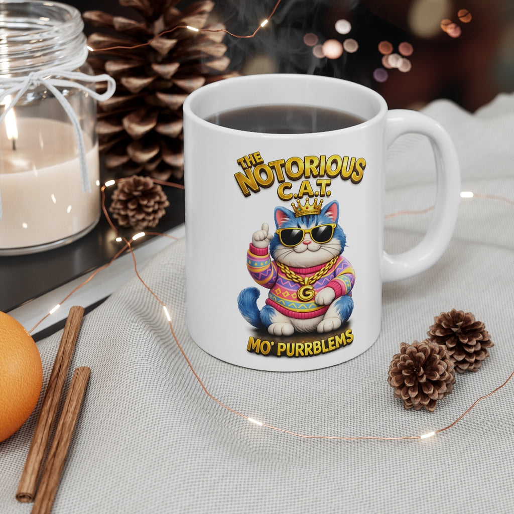 The Notorious C.A.T. Funny Rap Cat Mug – Mo’ Purrblems Novelty Coffee Cup – Cute Hip Hop Cat Gift