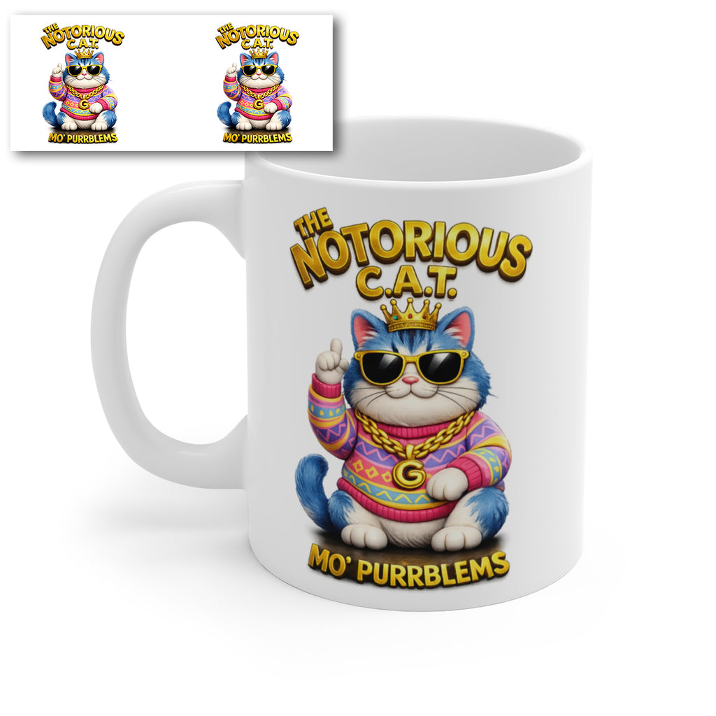 The Notorious C.A.T. Funny Rap Cat Mug – Mo’ Purrblems Novelty Coffee Cup – Cute Hip Hop Cat Gift