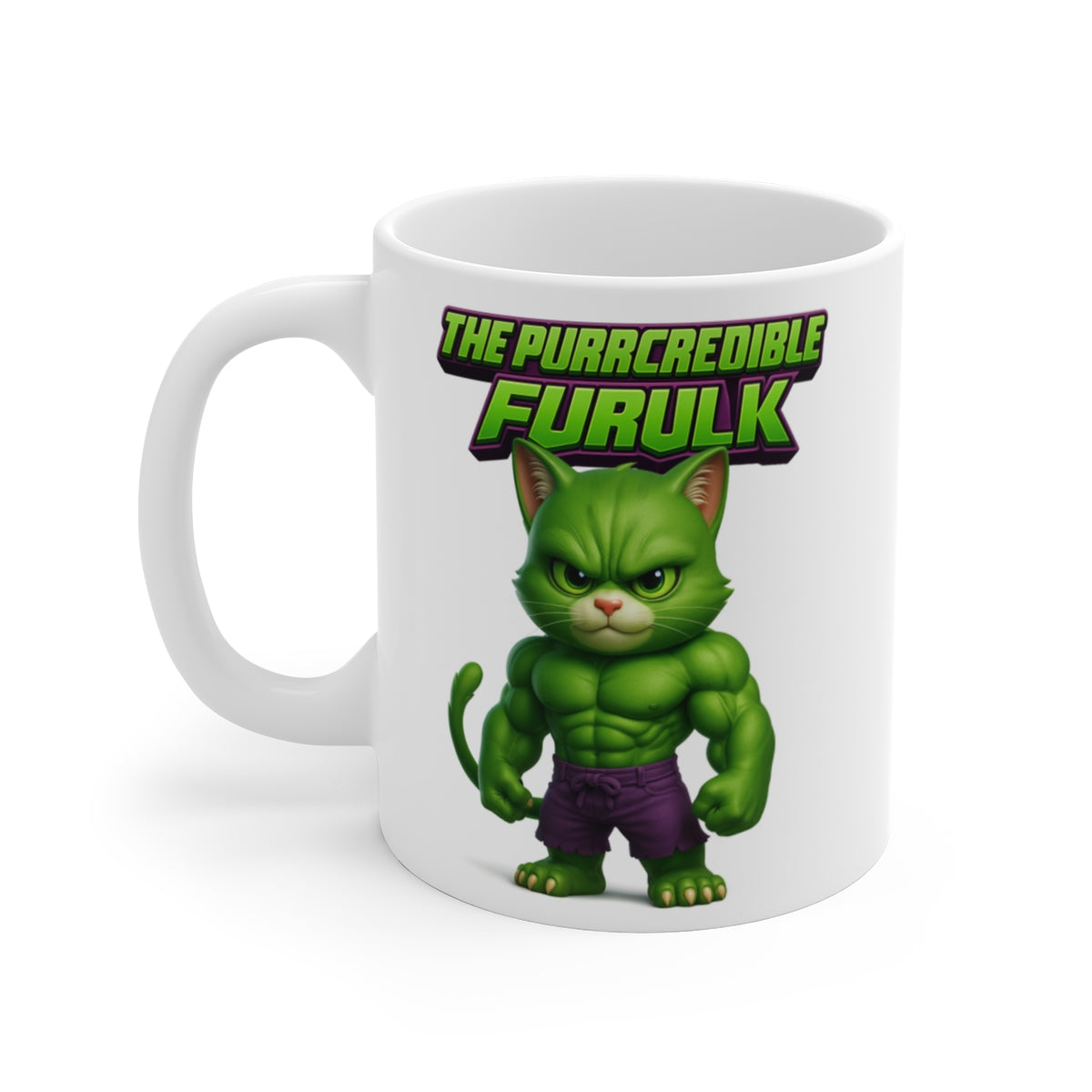The Purrcredible Furulk Cat Mug – Funny Green Superhero Kitten Coffee Cup – Gift for Cat Lovers
