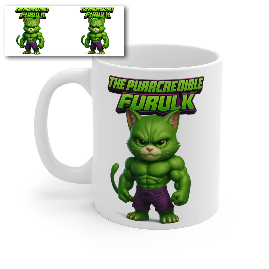 The Purrcredible Furulk Cat Mug – Funny Green Superhero Kitten Coffee Cup – Gift for Cat Lovers