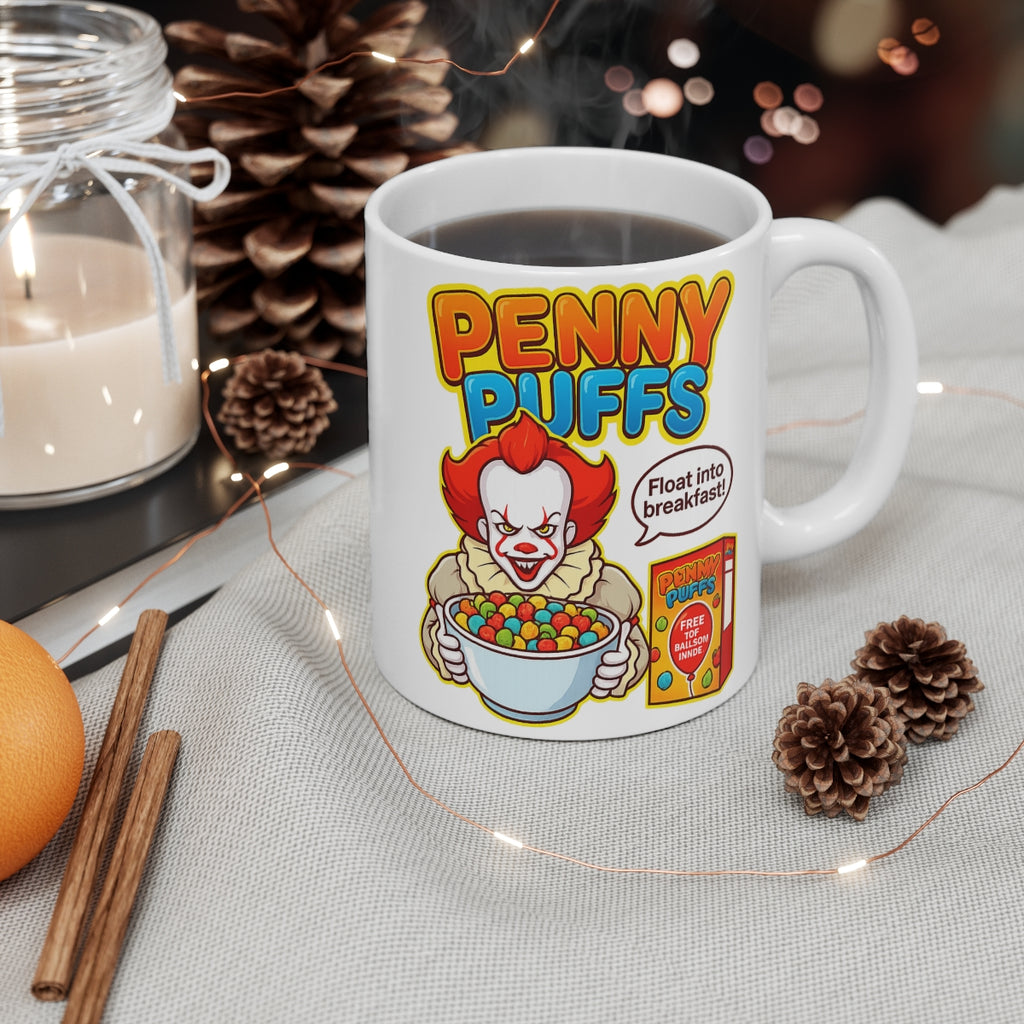 Penny Puffs Horror Parody Coffee Mug – Funny Creepy Clown Cereal Cup – Novelty Halloween Gift Mug