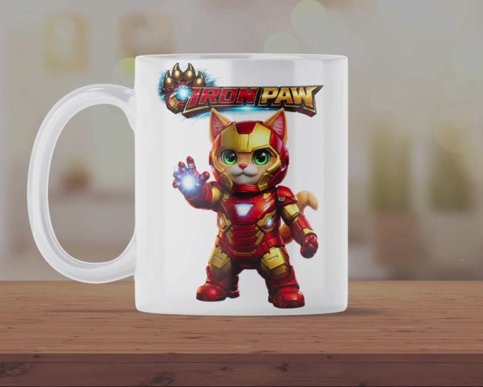 Iron Paw Superhero Cat Mug – Armoured Kitten Coffee Cup – Funny Gift for Cat Lovers