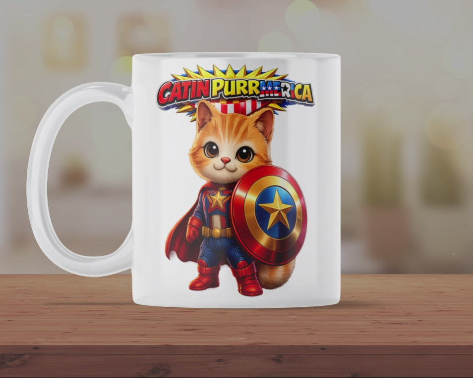 Catin Purrmerica Superhero Cat Mug – Cute Patriotic Coffee Cup – Funny Gift for Cat Lovers