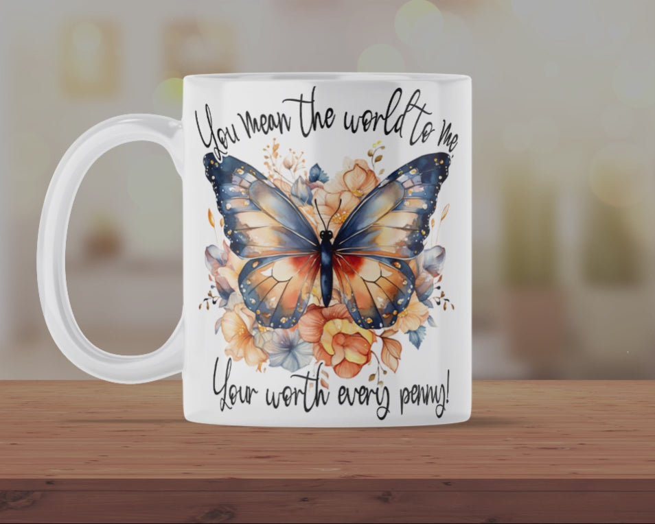 Mother’s Day Butterfly Mug – “You Mean the World to Me” Floral Ceramic Coffee Cup Gift for Mum
