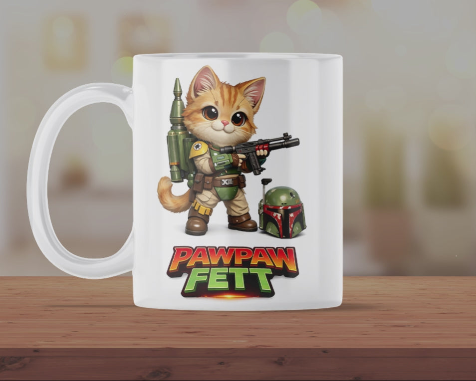 Pawpaw Fett Funny Cat Mug – Cute Space Bounty Hunter Kitten Coffee Cup – Sci-Fi Inspired Novelty Gift for Cat Lovers