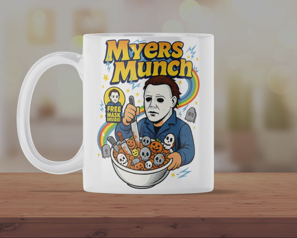 Myers Munch Horror Cereal Mug – Funny Halloween Slasher Coffee Cup for Horror Fans