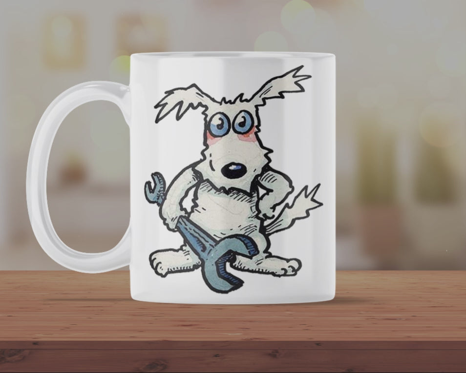 Funny Mechanic Dog Coffee Mug – Cartoon Dog with Spanner Ceramic Mug – Novelty Gift for Mechanics, Engineers & Dog Lovers