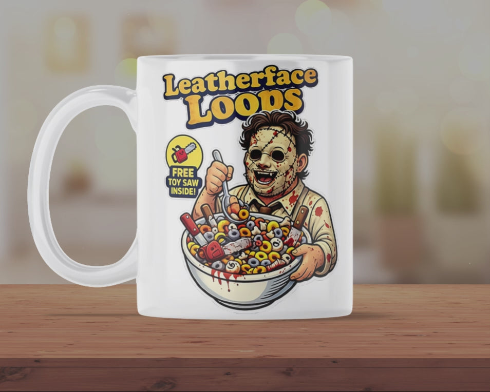 Leatherface Loops Horror Parody Mug – Funny Slasher Cereal Coffee Cup – Halloween Novelty Ceramic Mug Gift