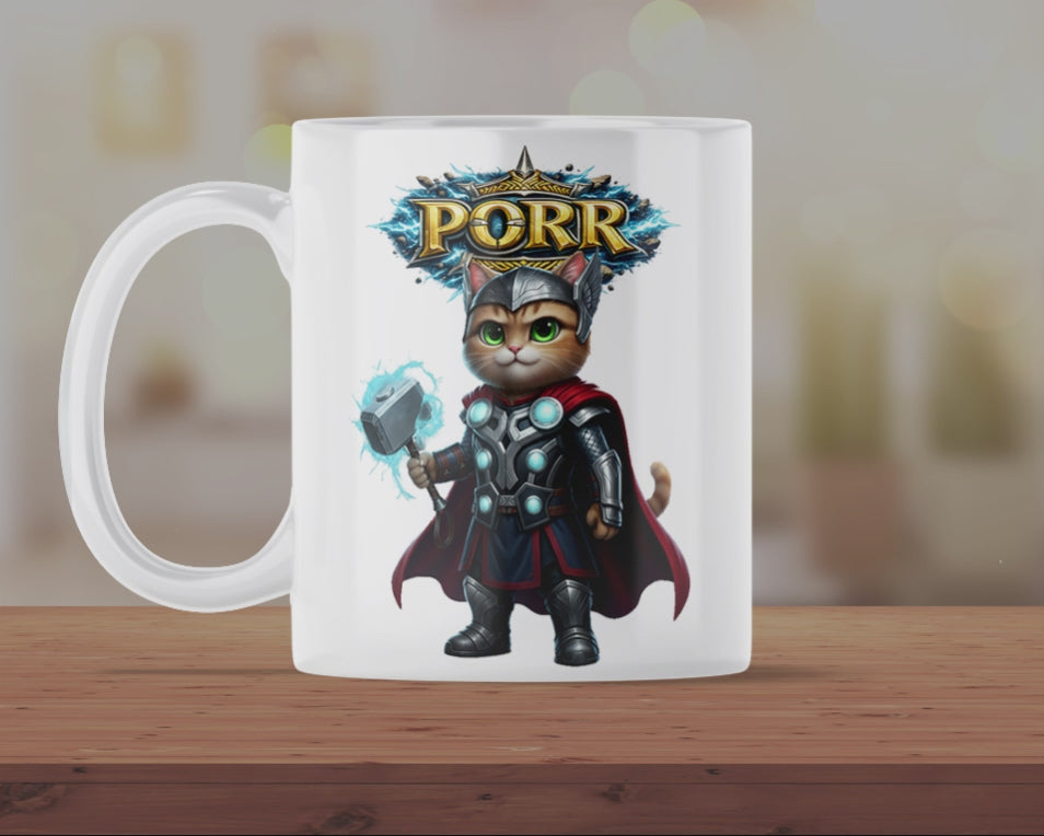 Porr Thunder Cat Mug – Norse Hero Kitten Coffee Cup – Funny Gift for Cat Lovers