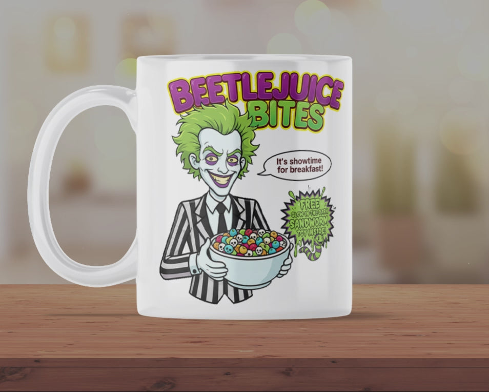 Beetlejuice Bites Breakfast Cereal Mug – Funny Beetlejuice Coffee Cup, Horror Movie Fan Gift