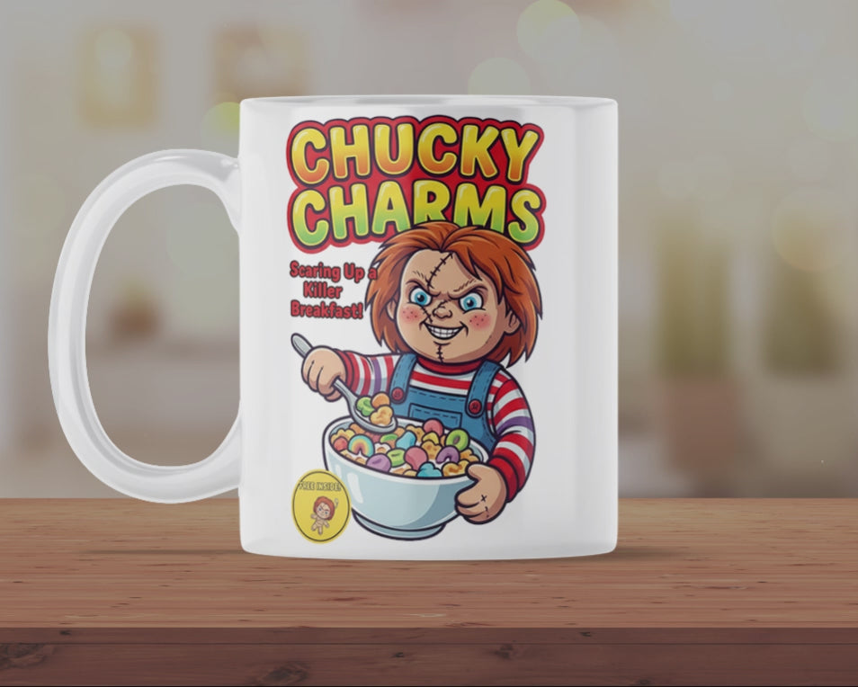 Chucky Charms Horror Coffee Mug – Killer Cereal Parody Cup for Horror Movie Fans