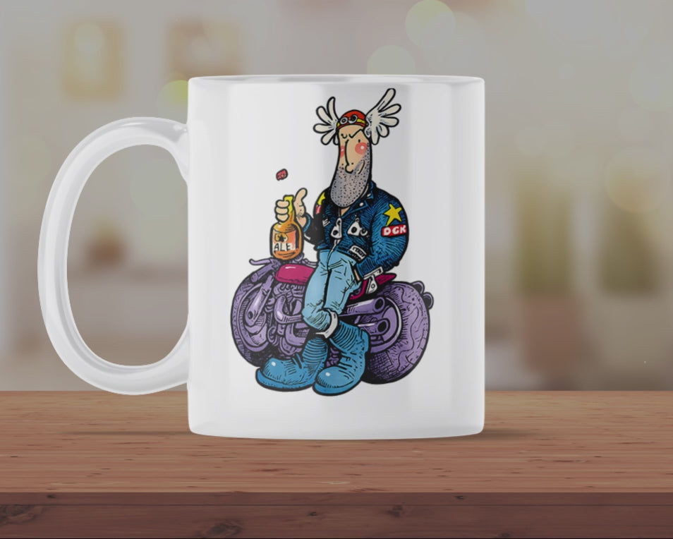 Funny Biker Cartoon Mug – Retro Motorcycle Rider with Ale – Humorous Motorbike Coffee Mug Gift
