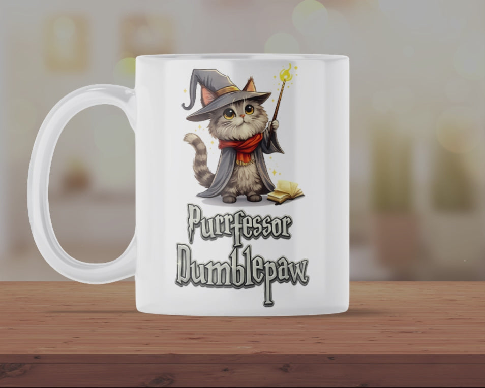 Purrfessor Dumblepaw Cat Wizard Mug – Cute Magical Cat Coffee Cup – Funny Fantasy Kitten Ceramic Mug Gift