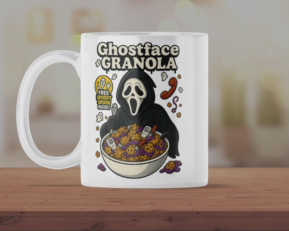 Ghostface Granola Horror Parody Mug – Funny Scary Movie Cereal Coffee Cup – Halloween Ceramic Novelty Gift