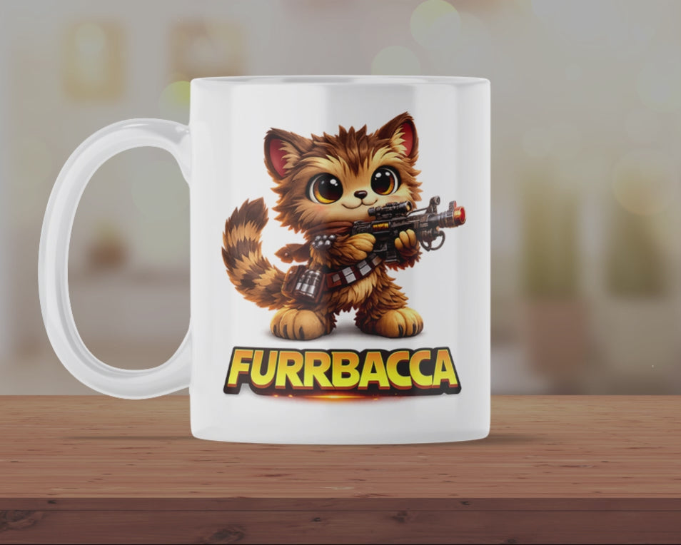 Furrbacca Funny Cat Mug – Cute Space Warrior Kitten Coffee Cup – Sci-Fi Inspired Novelty Gift for Cat Lovers