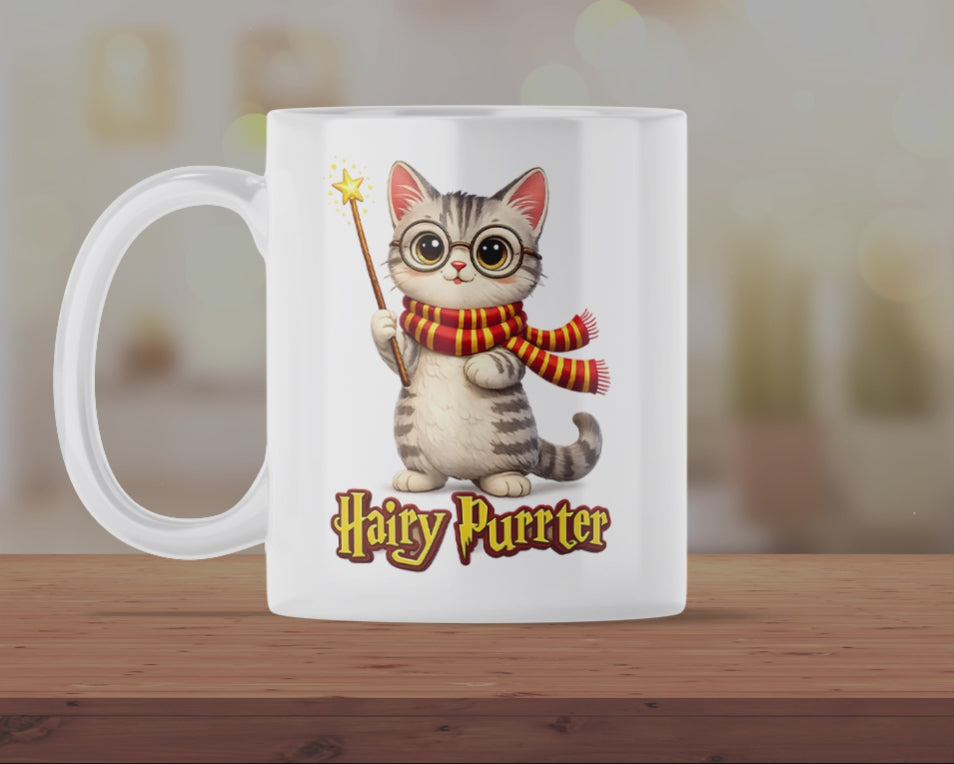 Hairy Purrter Cat Wizard Mug – Cute Magical Cat Coffee Cup – Funny Wizard Kitty Ceramic Mug Gift