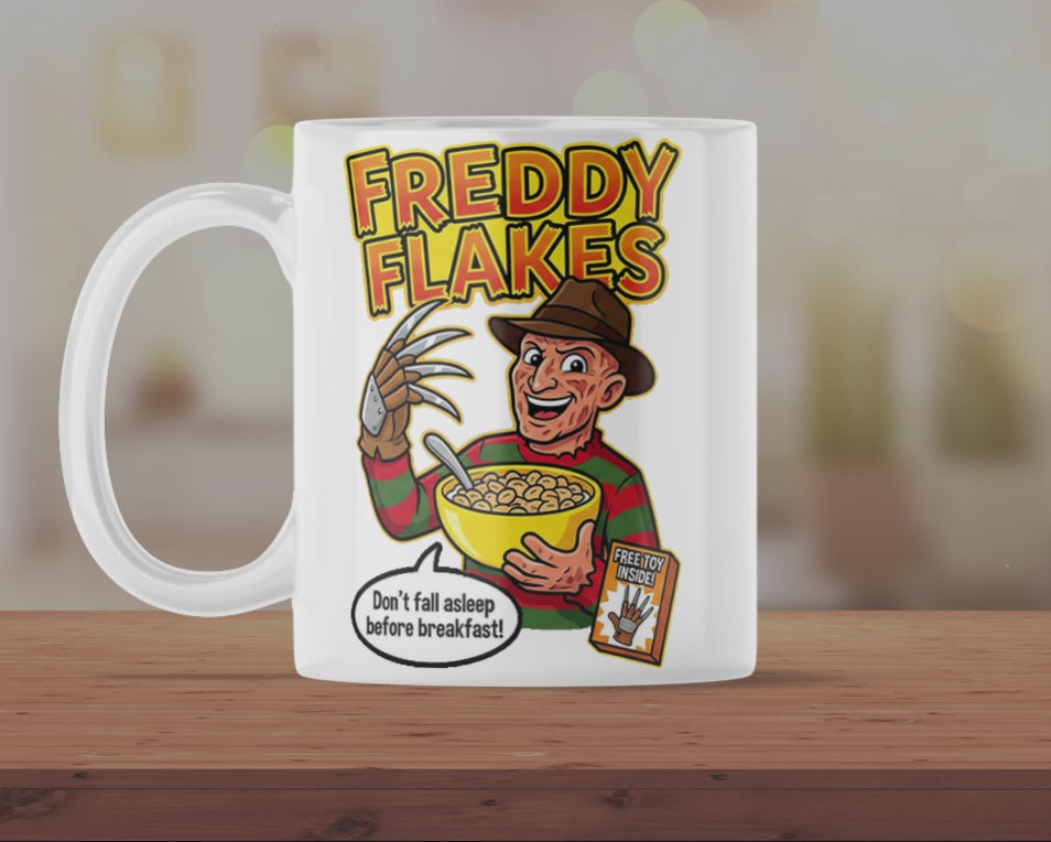 Freddy Flakes Horror Cereal Mug – Funny Nightmare Parody Coffee Cup for Horror Movie Fans