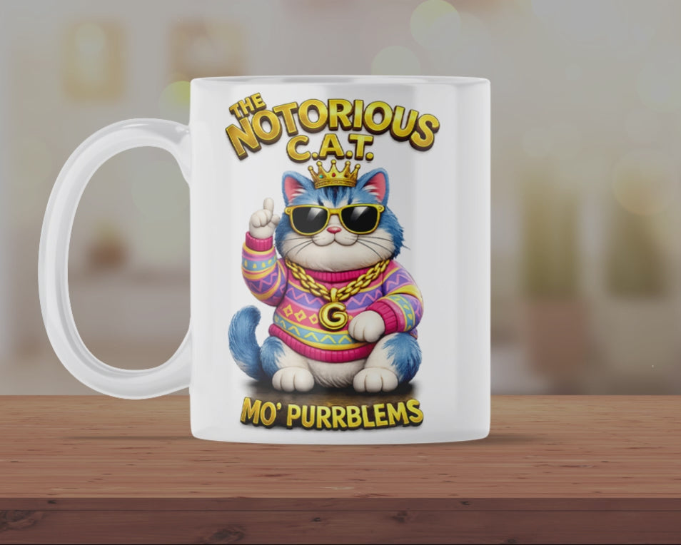 The Notorious C.A.T. Funny Rap Cat Mug – Mo’ Purrblems Novelty Coffee Cup – Cute Hip Hop Cat Gift