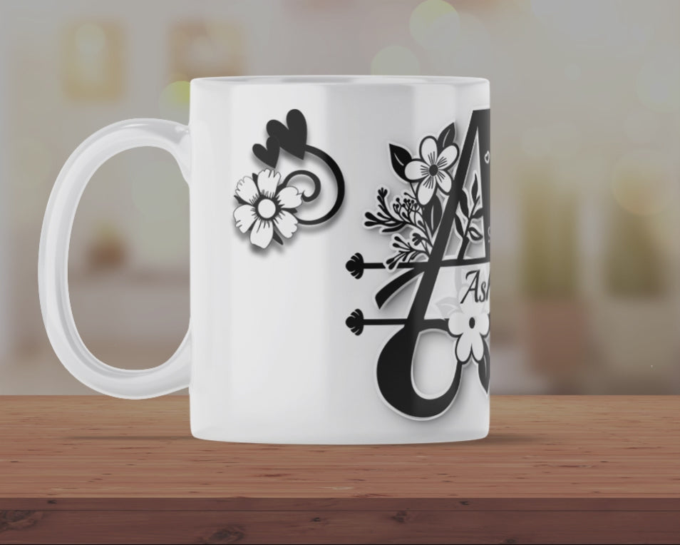 Elegant Floral Monogram Mug – Personalized Black and White Flower Coffee Cup Gift for Women