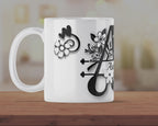 Elegant Floral Monogram Mug – Personalized Black and White Flower Coffee Cup Gift for Women