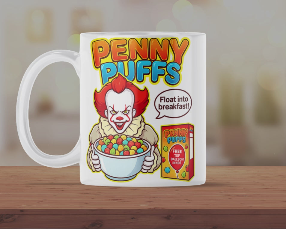 Penny Puffs Horror Parody Coffee Mug – Funny Creepy Clown Cereal Cup – Novelty Halloween Gift Mug