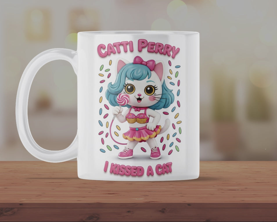 Catti Perry “I Kissed A Cat” Cute Cat Mug – Funny Pop Parody Coffee Cup – Kawaii Kitty Gift for Cat Lovers