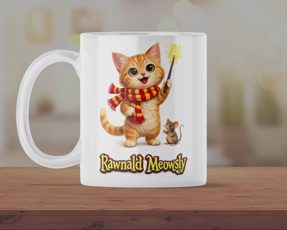 Rawnald Meowsly Wizard Cat Mug – Cute Magical Kitten Coffee Cup Gift for Cat Lovers