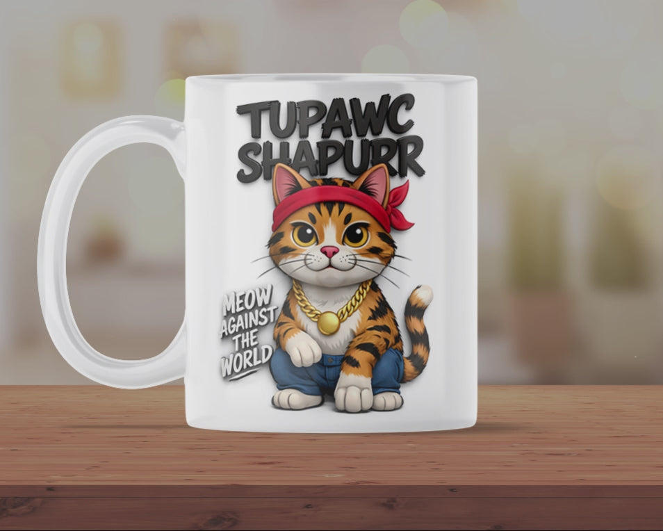 Tupawc Shapurr Cat Mug – Funny Hip Hop Kitten Coffee Cup – Meow Against the World Gift