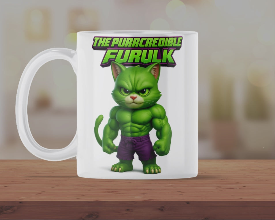 The Purrcredible Furulk Cat Mug – Funny Green Superhero Kitten Coffee Cup – Gift for Cat Lovers